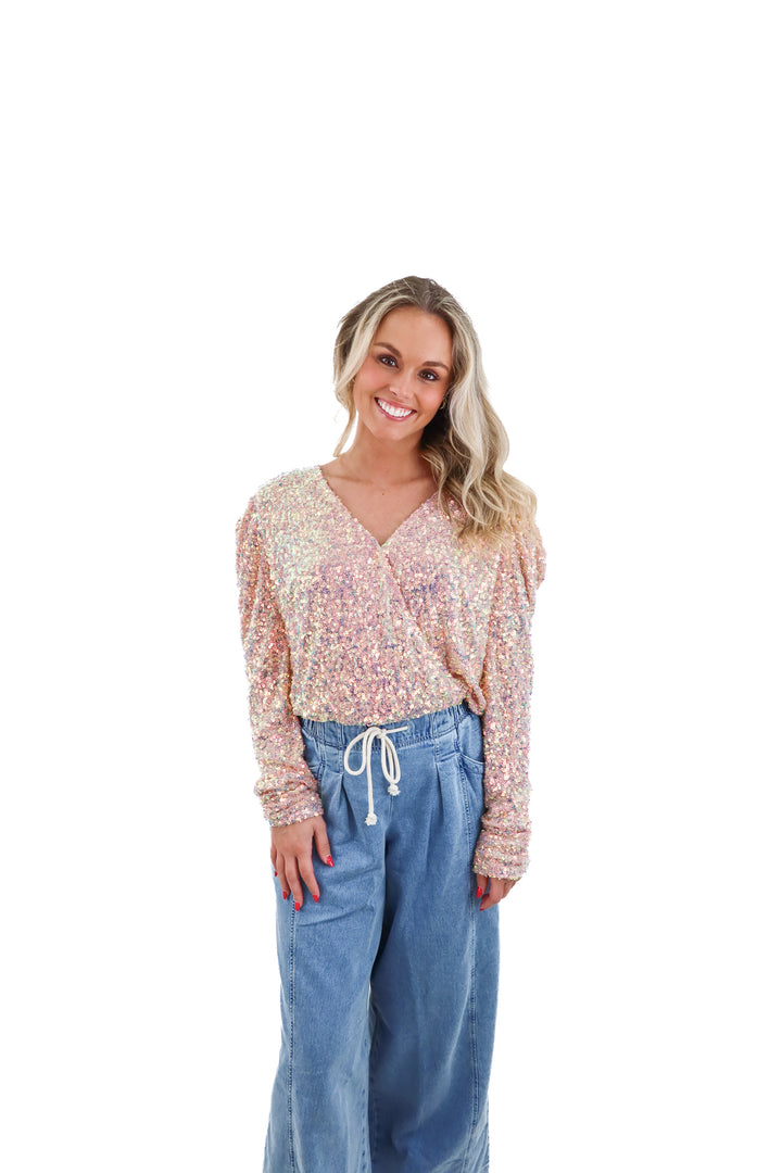 white birch pink sequin bodysuit (m)