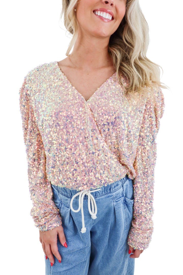 white birch pink sequin bodysuit (m)