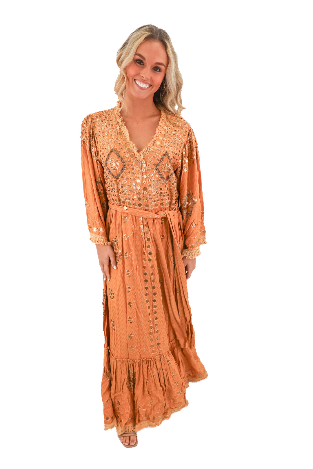 talisman tan beaded dress NWT (s/m; retail $168)