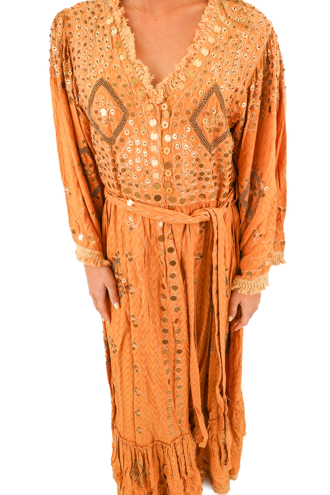 talisman tan beaded dress NWT (s/m; retail $168)