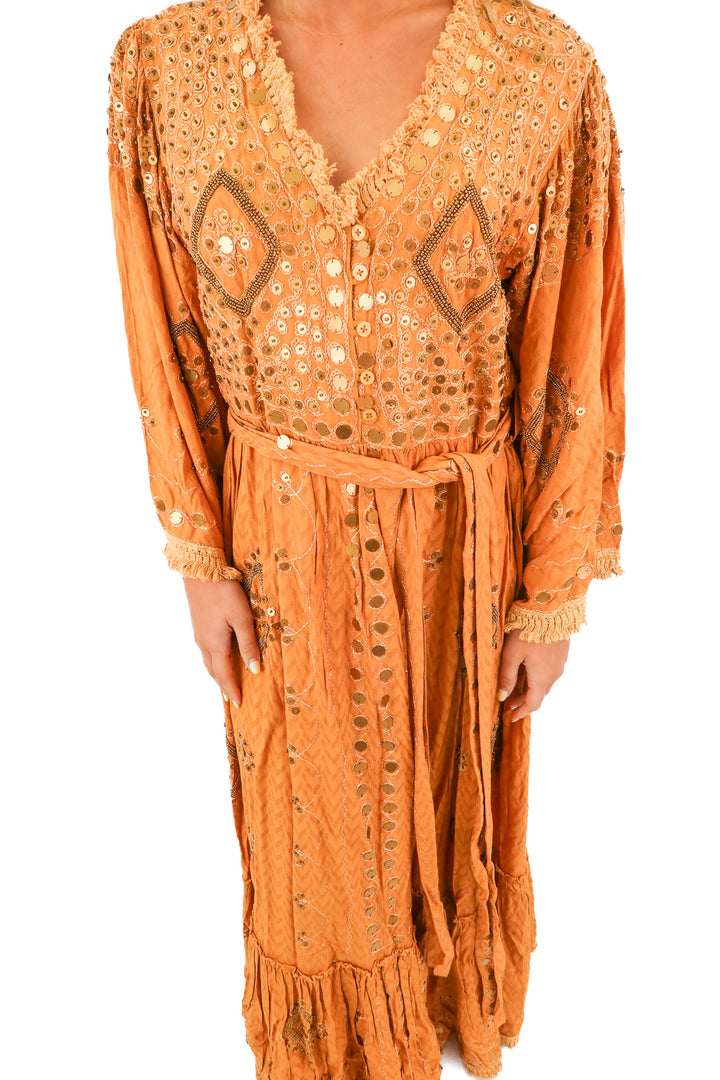 talisman tan beaded dress NWT (s/m; retail $168)