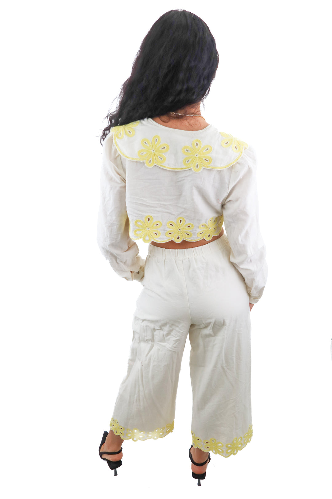 Free People ivory and yellow embroidered Amini eyelet pants Set (XS; retail $228)