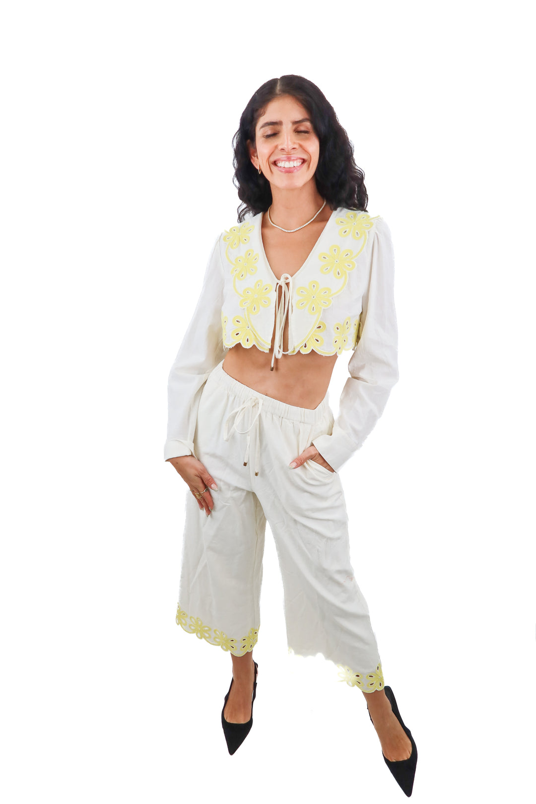 Free People ivory and yellow embroidered Amini eyelet pants Set (XS; retail $228)