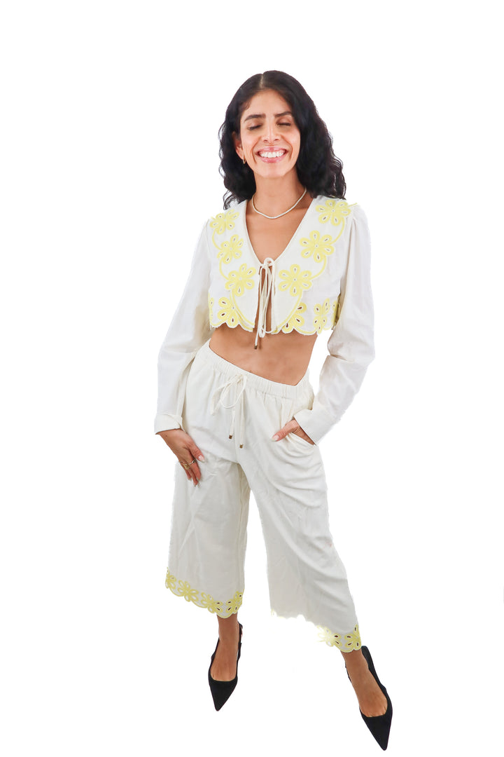 Free People ivory and yellow embroidered Amini eyelet pants Set (XS; retail $228)