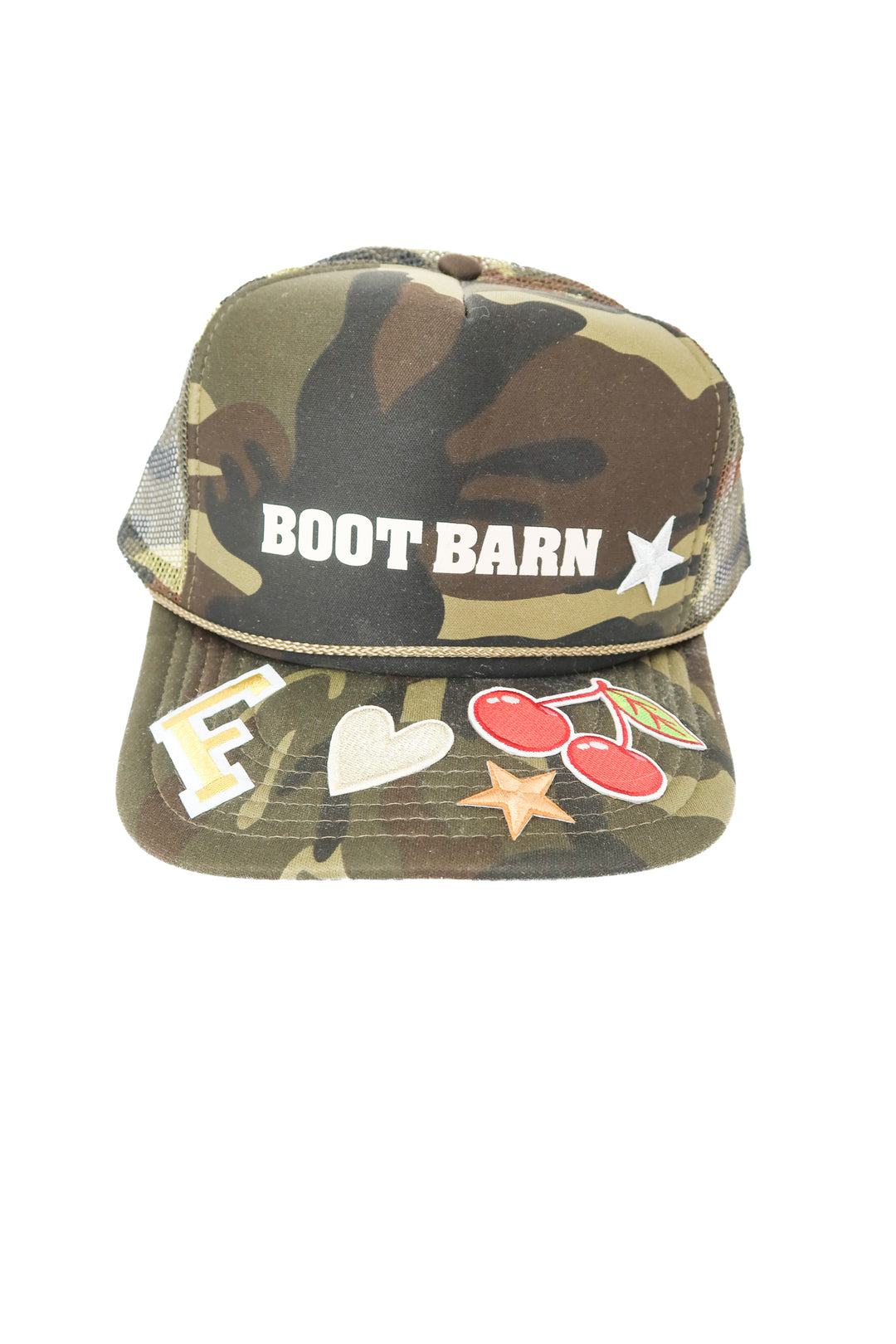 Boot Barn camo trucker hat with patches