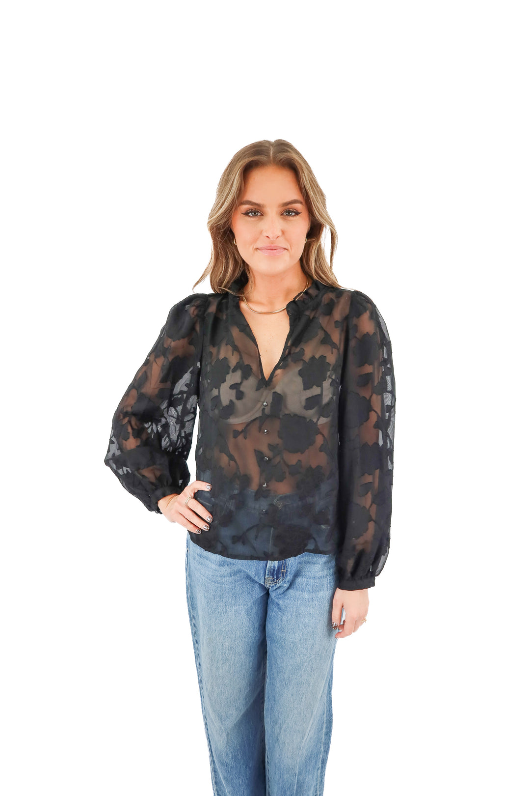 black floral sheer blouse (s)