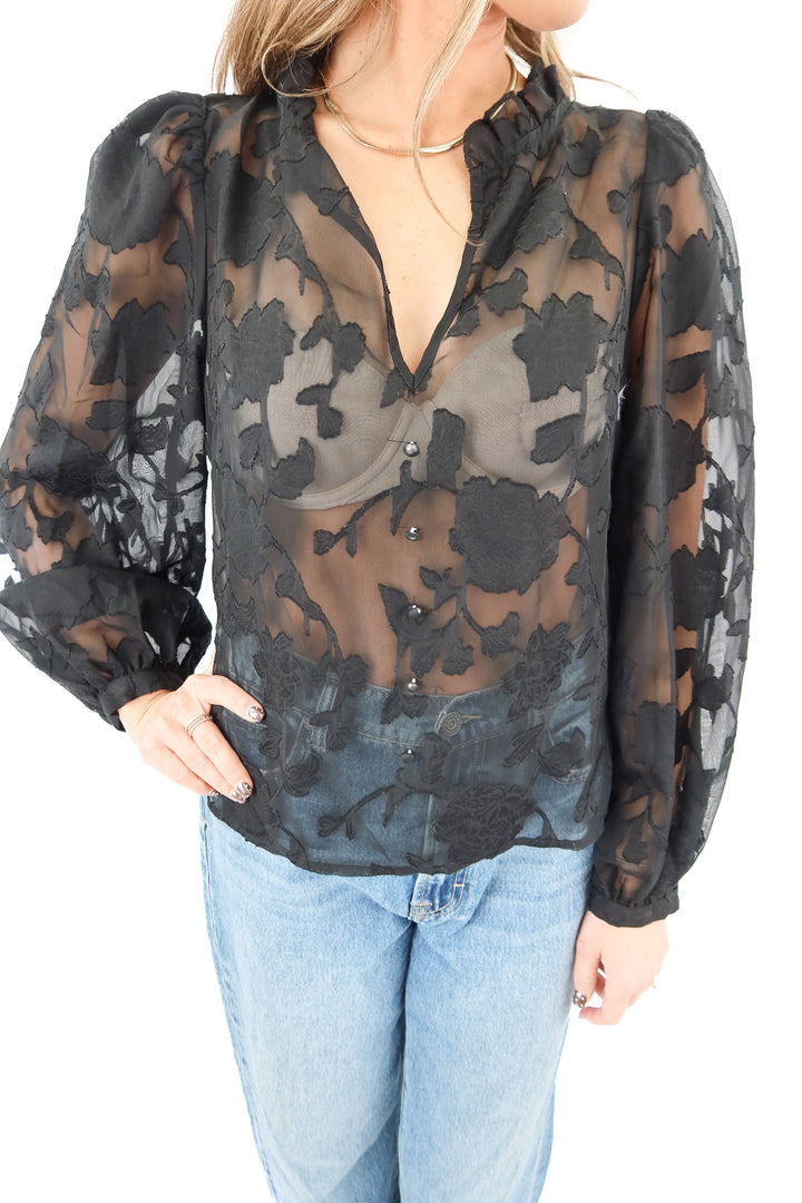 black floral sheer blouse (s)