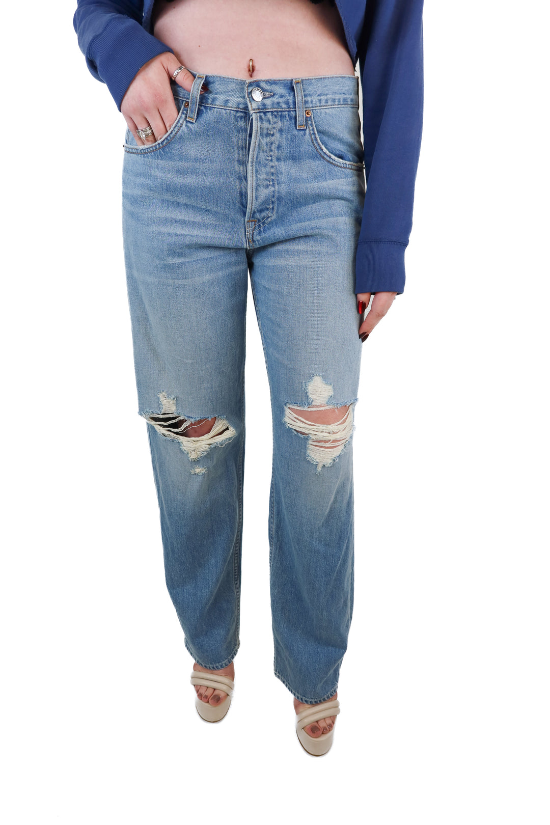 Grlfrnd Light Wash Distressed Denim Jeans (27)