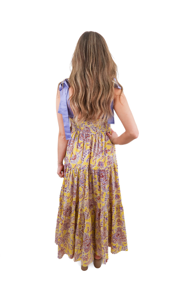 Petal & Pup yellow purple floral maxi tiered dress (S)