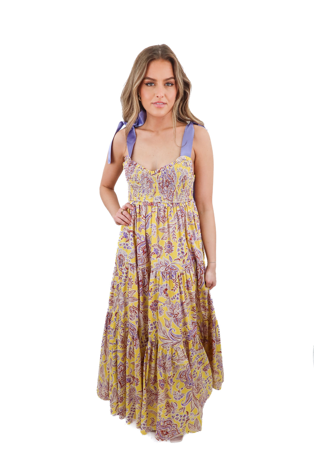 Petal & Pup yellow purple floral maxi tiered dress (S)