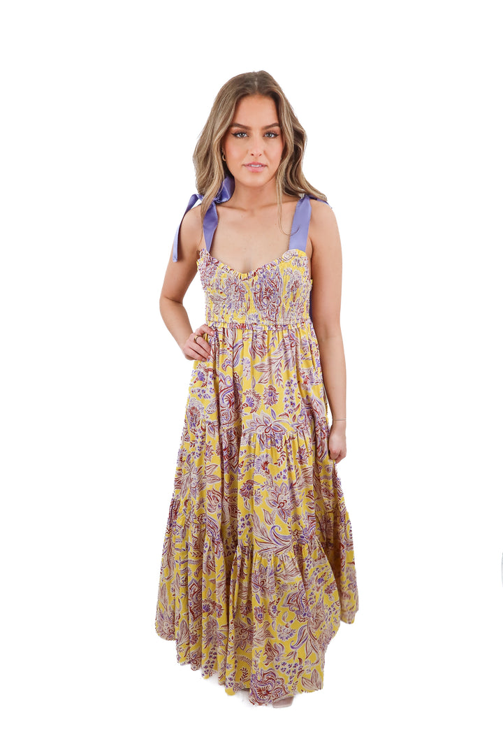Petal & Pup yellow purple floral maxi tiered dress (S)