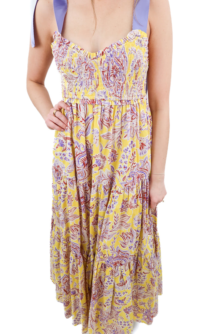 Petal & Pup yellow purple floral maxi tiered dress (S)