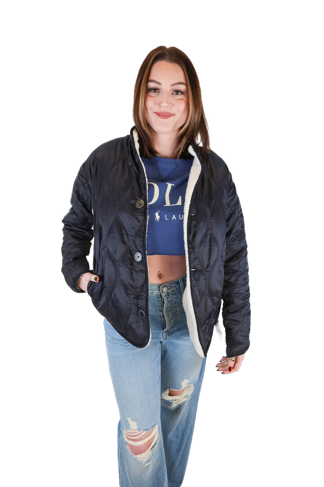 Miou Muse Black Quilted Puffer and Sherpa Reversible Jacket NWT (S/M)