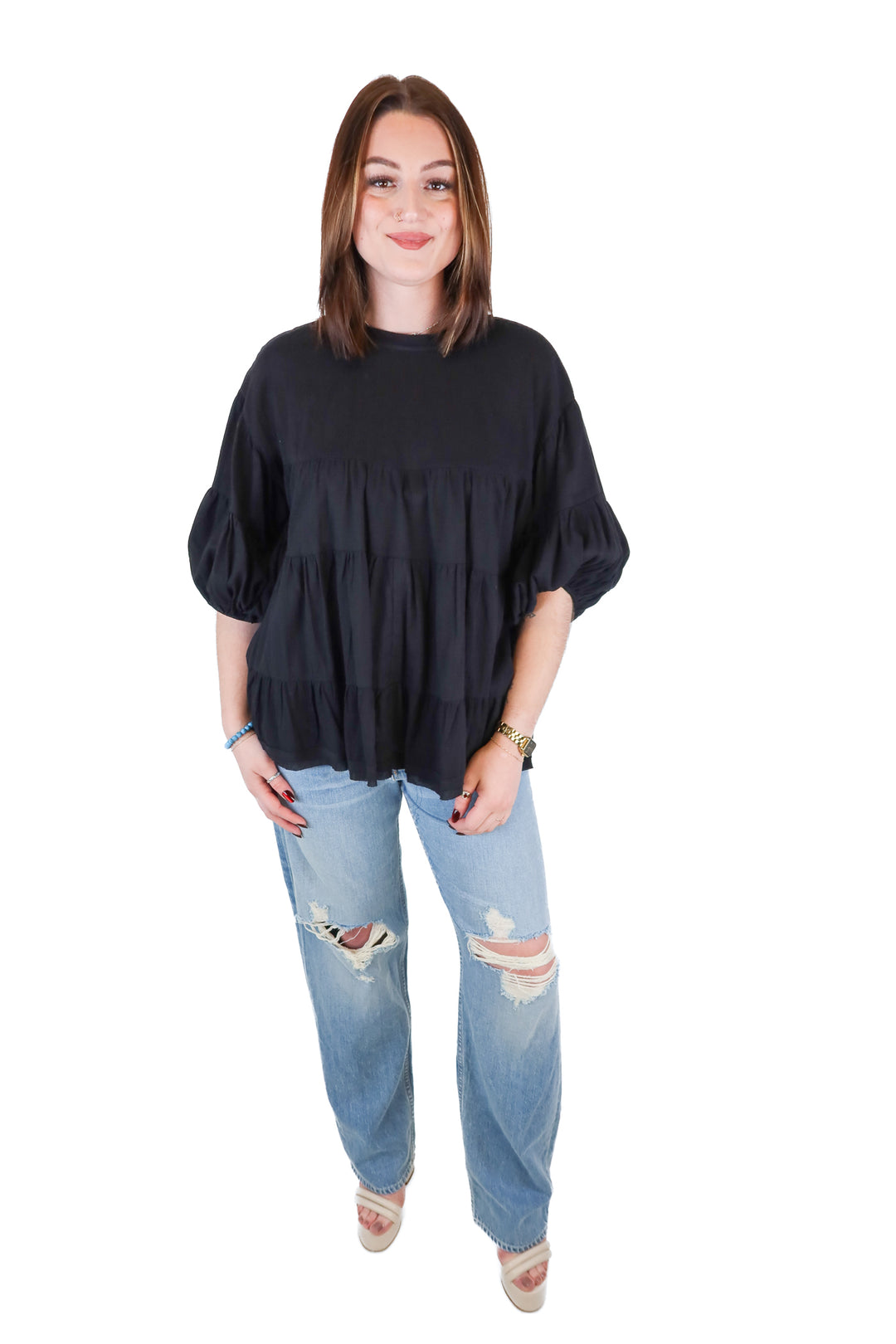 stolen hearts black tiered oversized top (m)
