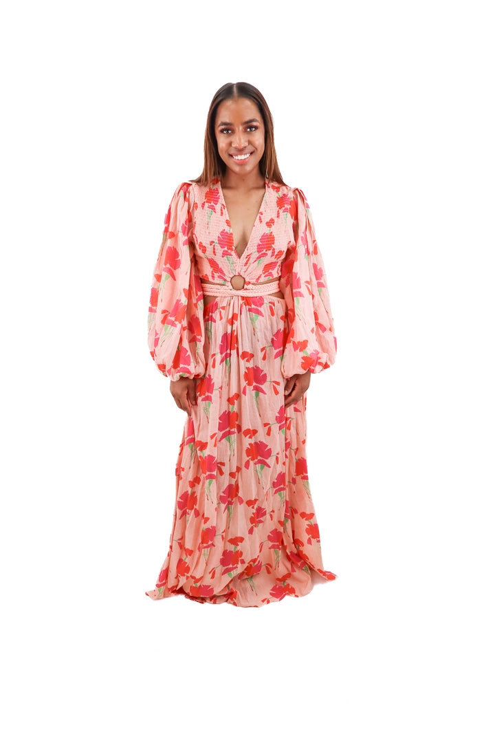 miguelina pink floral cut out maxi dress (m; retail $750)