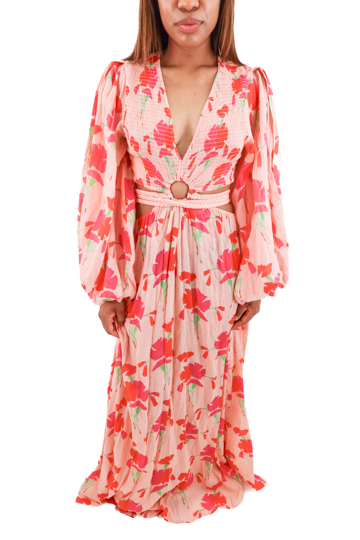 miguelina pink floral cut out maxi dress (m; retail $750)