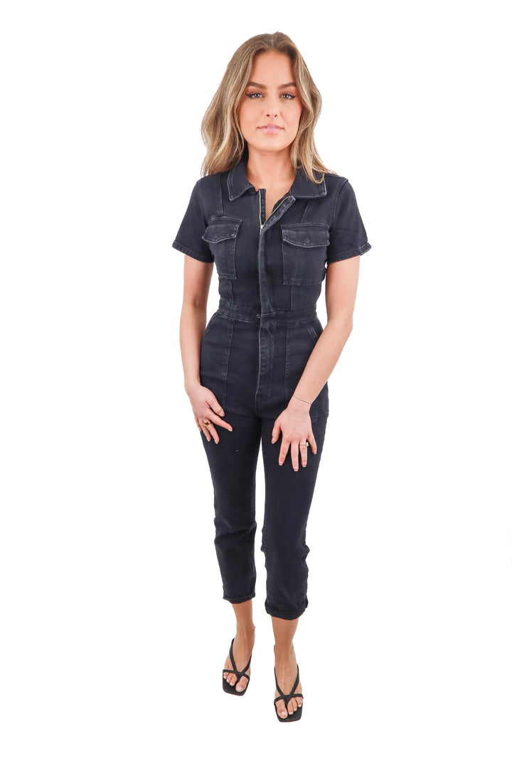 Good American black denim jumpsuit (0; retail $121)