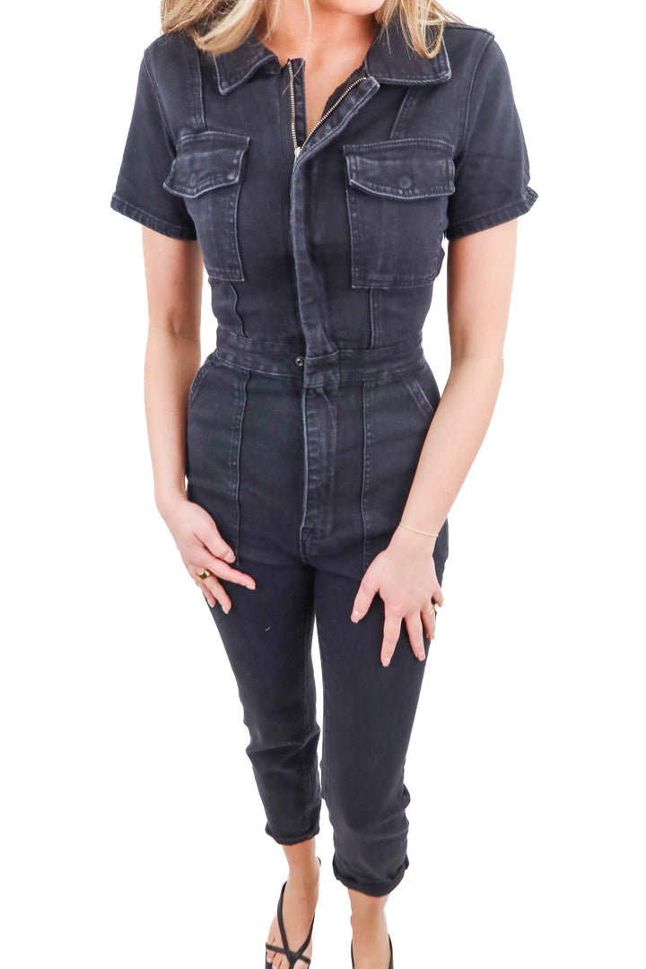 Good American black denim jumpsuit (0; retail $121)