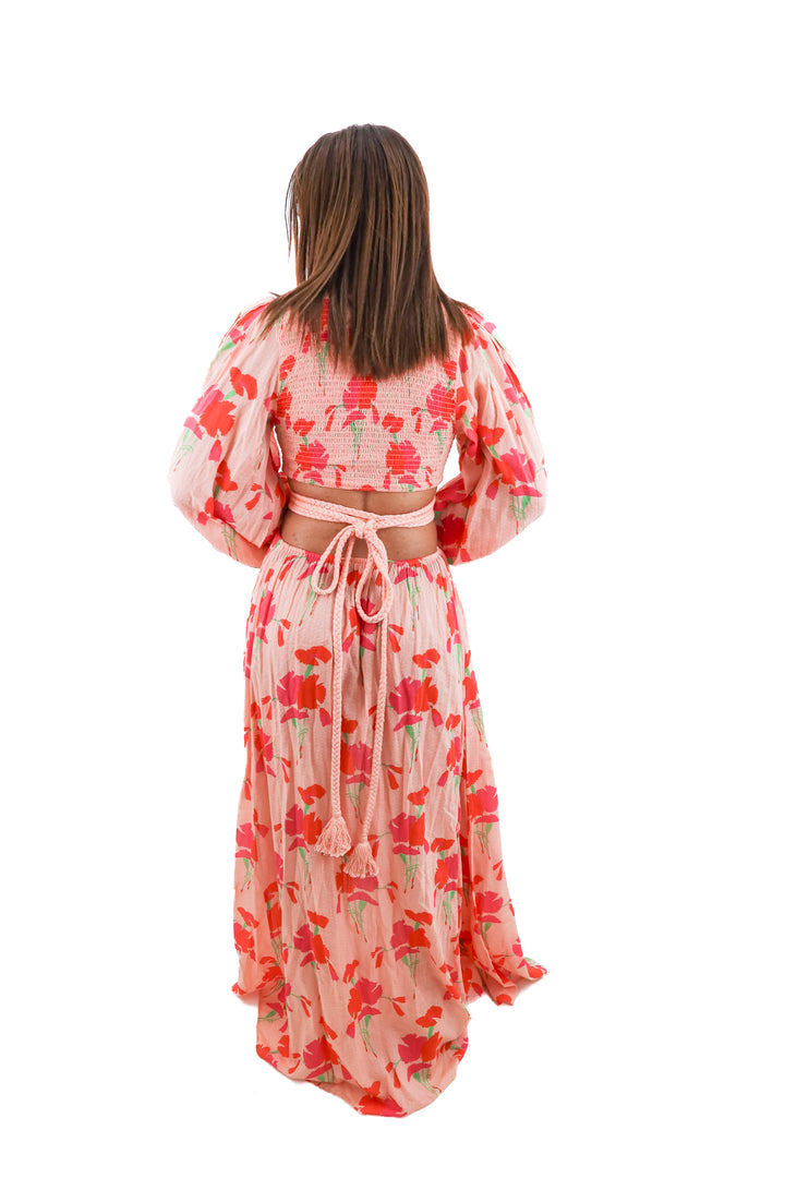 miguelina pink floral cut out maxi dress (m; retail $750)