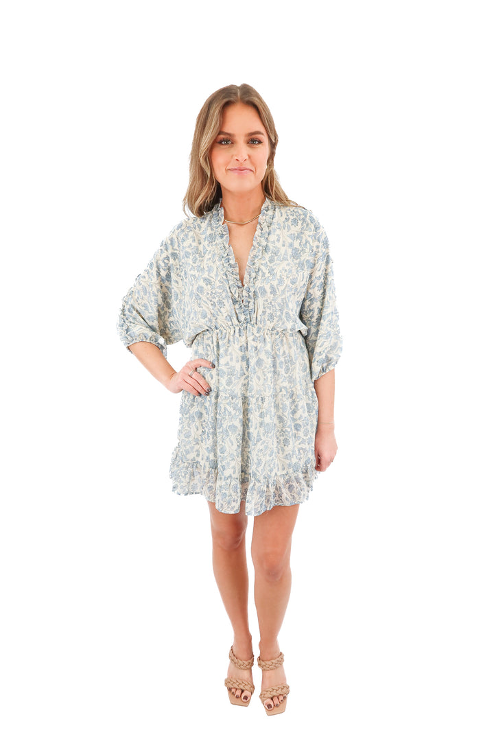 vici blue floral deep v dress (m; retail $68)