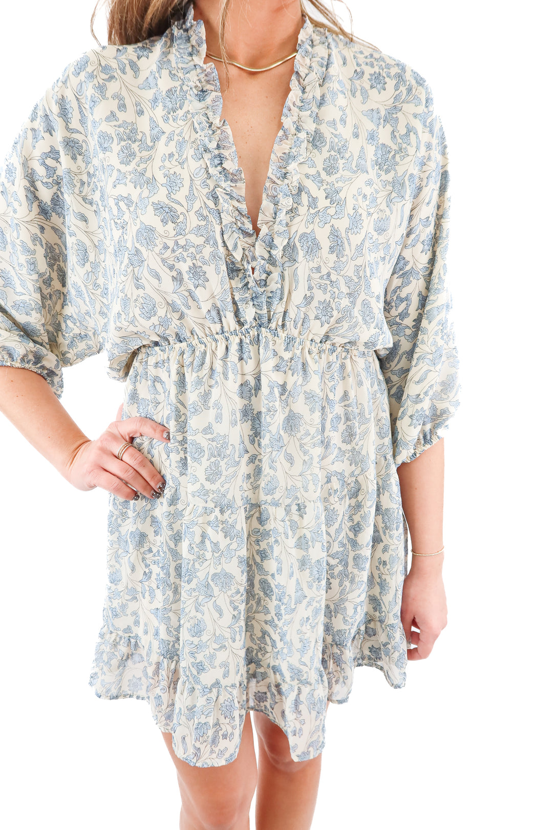 vici blue floral deep v dress (m; retail $68)