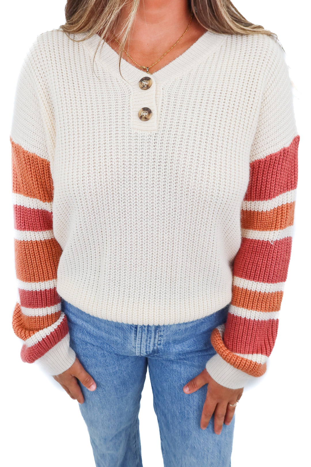 cream striped sleeve sweater (m)