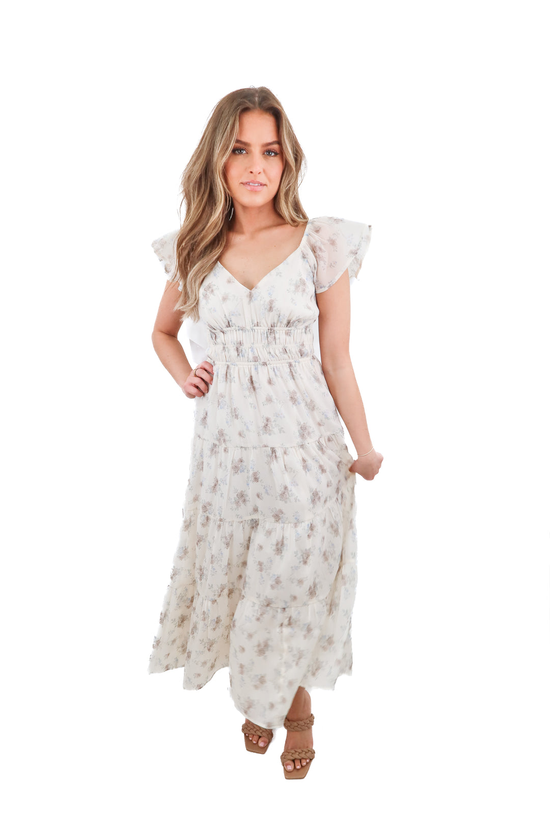 Petal & Pup cream floral flutter sleeve maxi dress NWT(S)