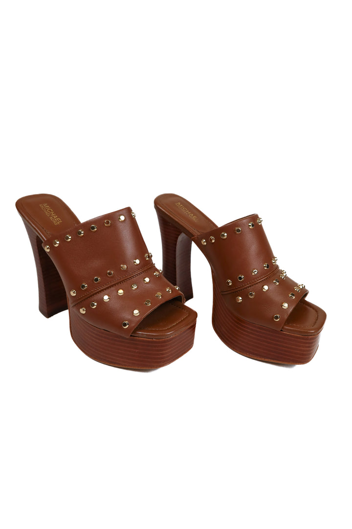 Michael Kors Cognac Gold Tone Studded Platform Sandals (7)