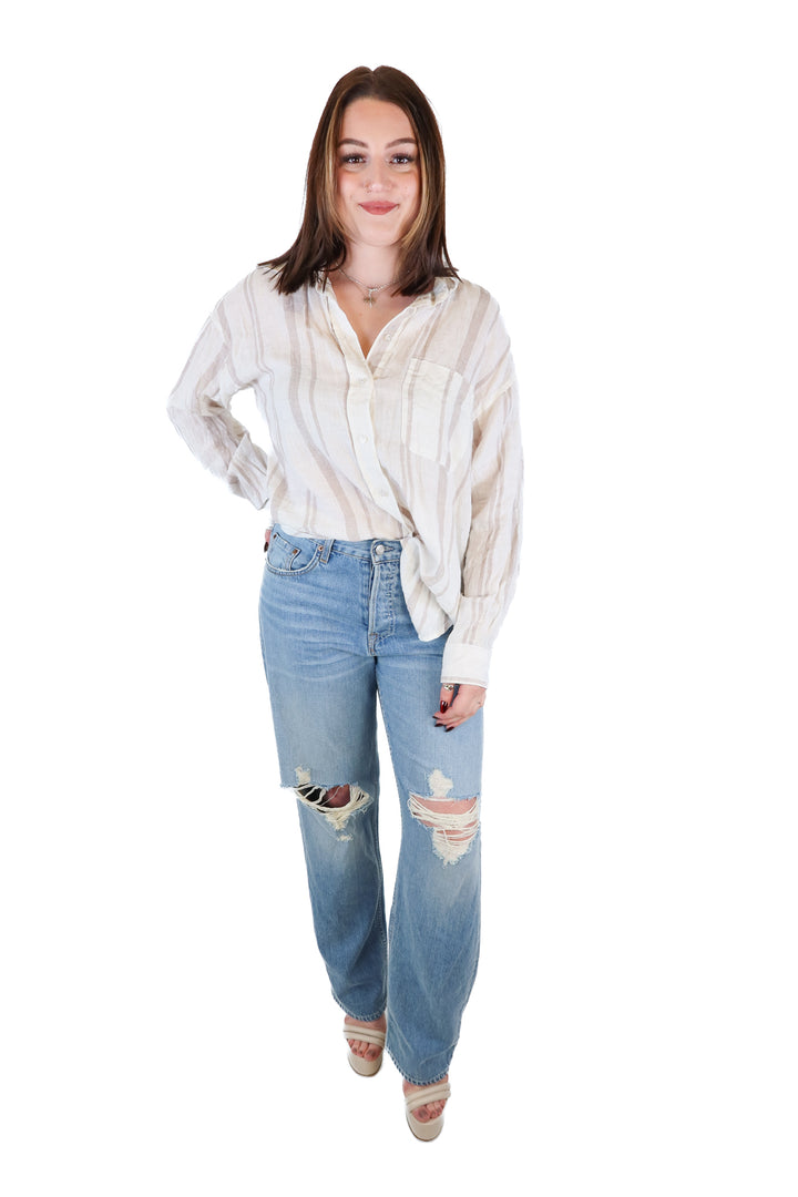 H&M White/Tank Stripe Linen Button Down Shirt (S)