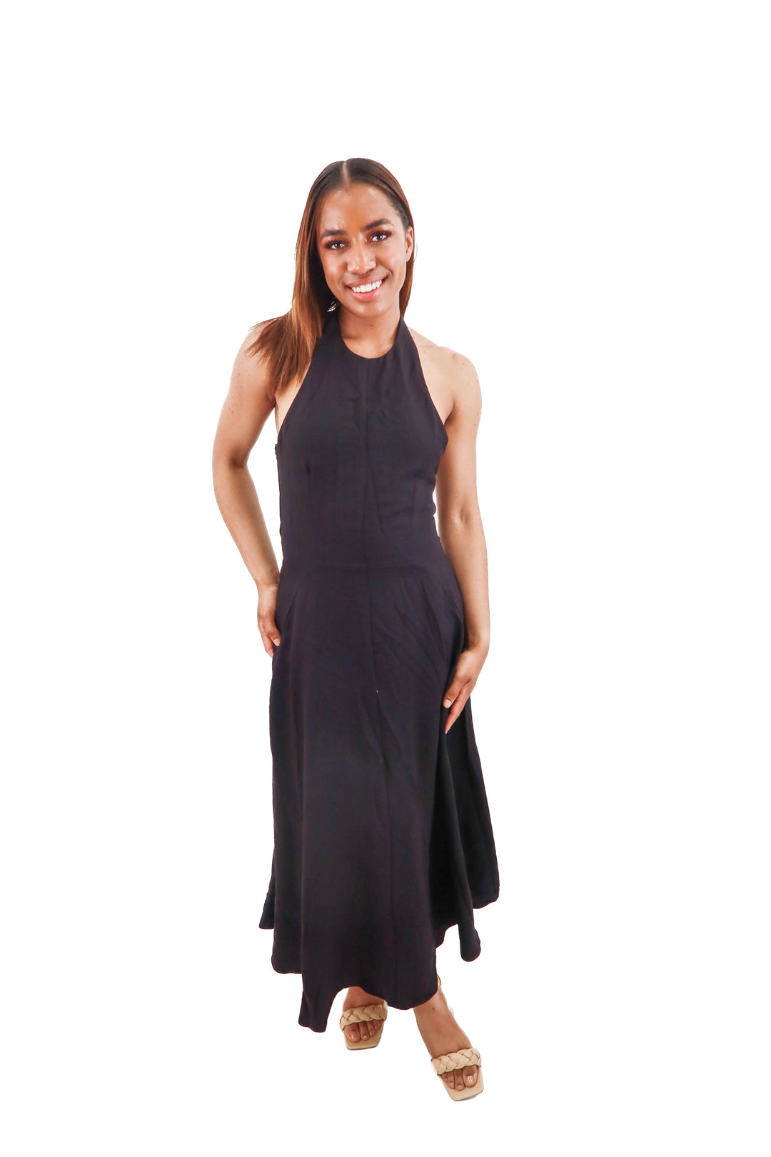 h&m black halter midi dress (s)