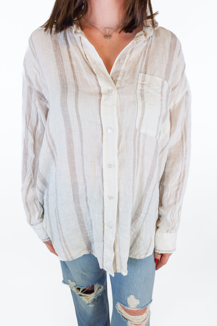 H&M White/Tank Stripe Linen Button Down Shirt (S)