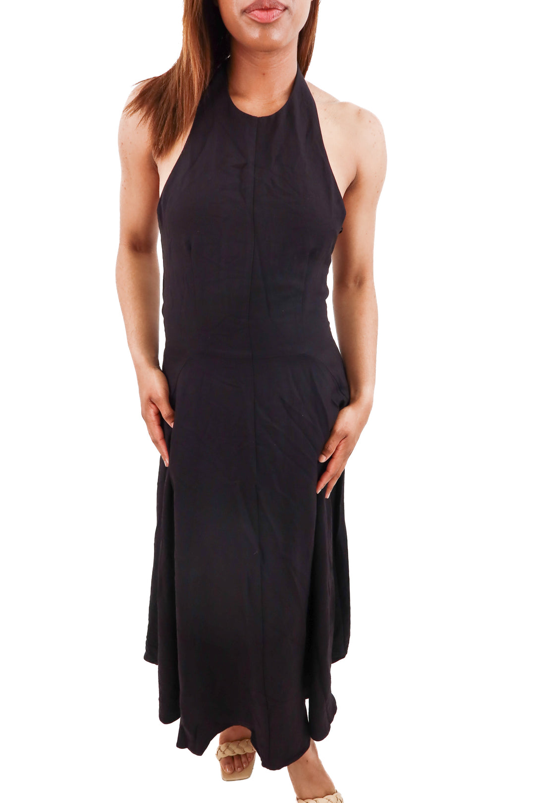 h&m black halter midi dress (s)