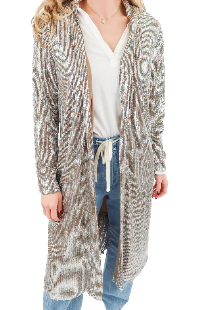anthropologie silver sequin long jacket (m; retail $168)
