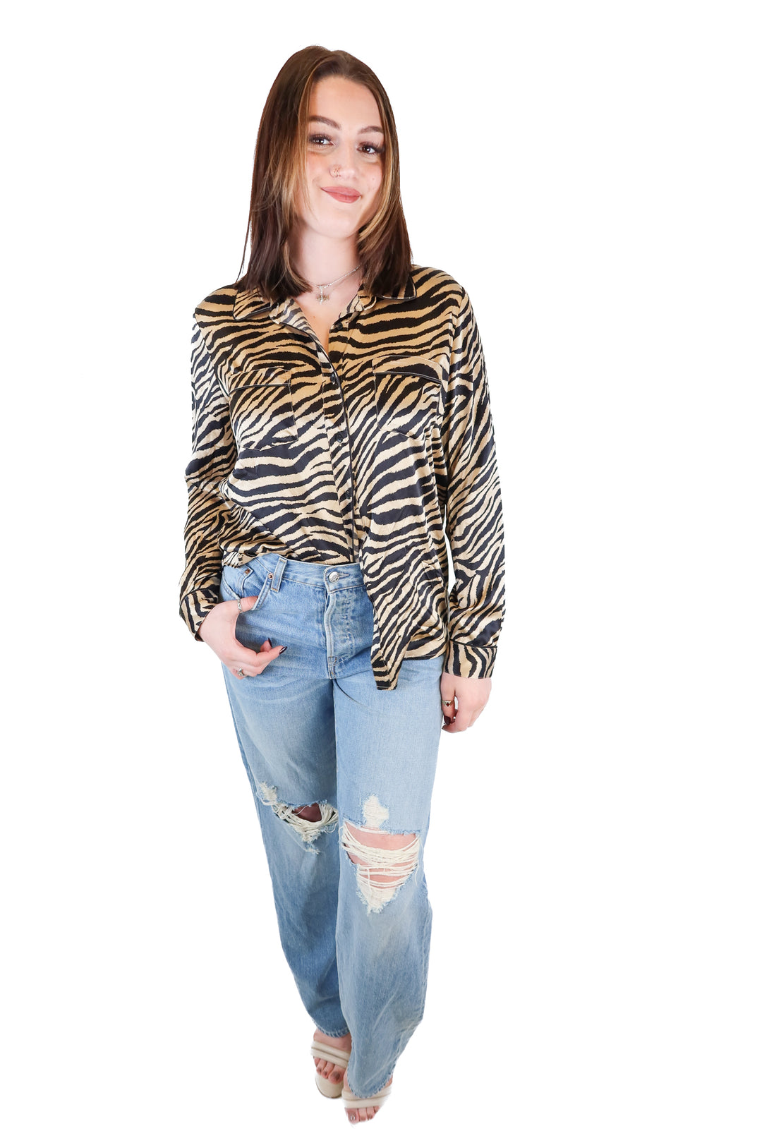 Anine Bing Silk Tan and Black Zebra Blouse (S)