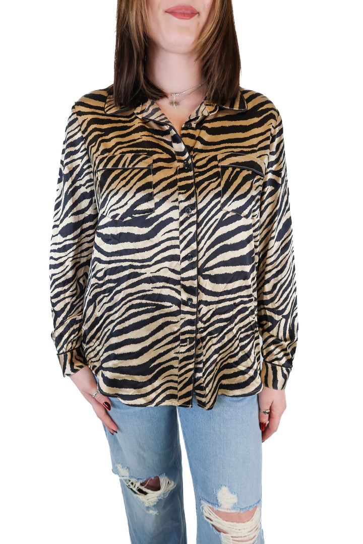 Anine Bing Silk Tan and Black Zebra Blouse (S)