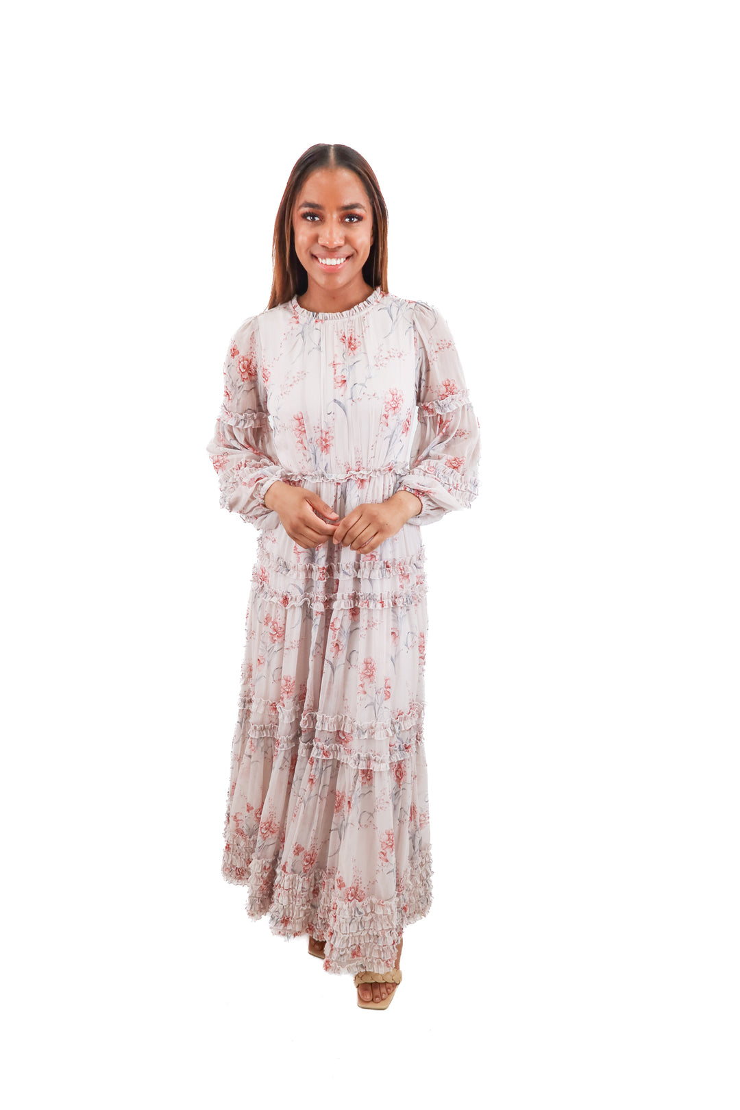 ivy city co. blush pink floral long sleeve maxi dress (xs)