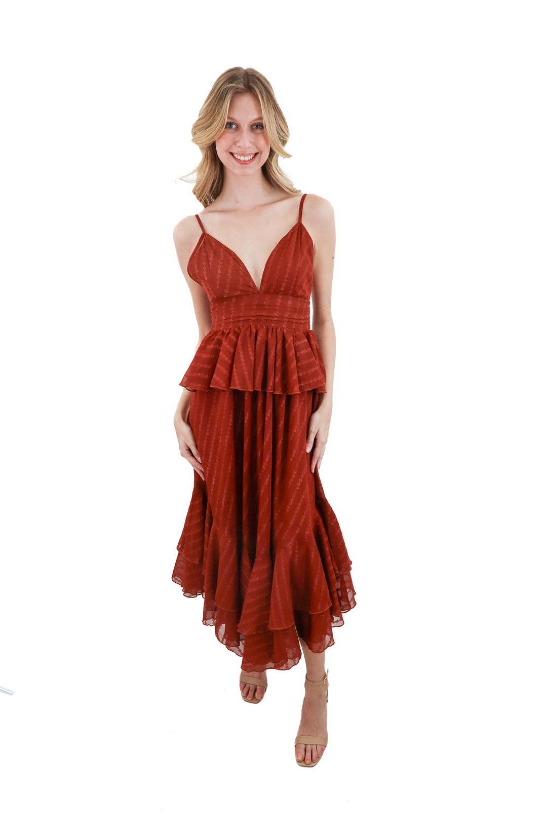 vici rust ruffle maxi dress (s)
