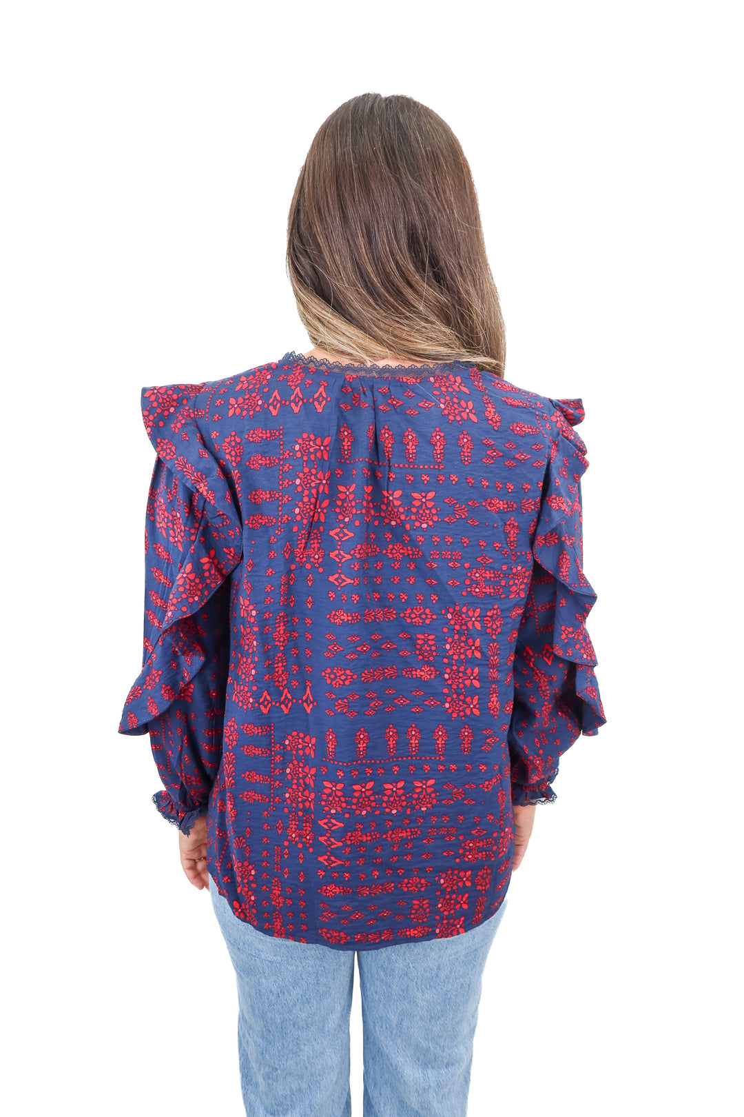 the pioneer women navy and red top (L)