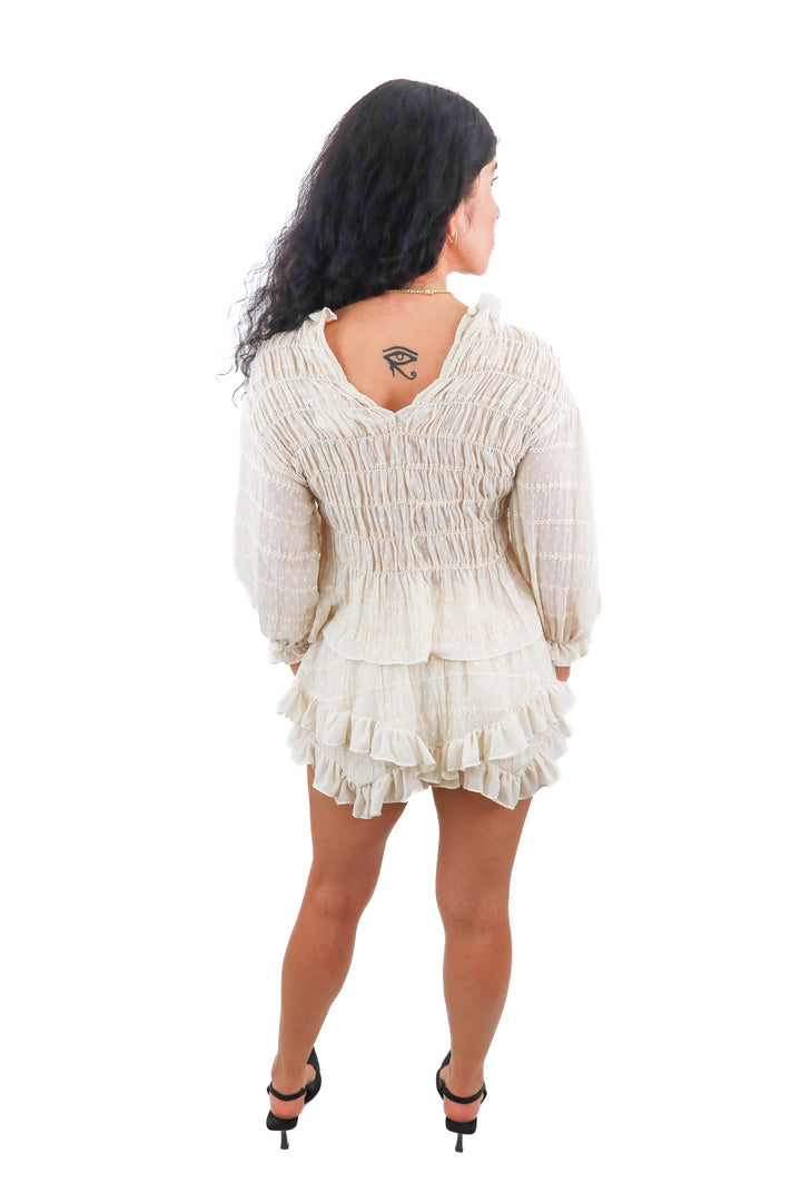 Free People cream shirred and ruffle top and bloomers set (XS)