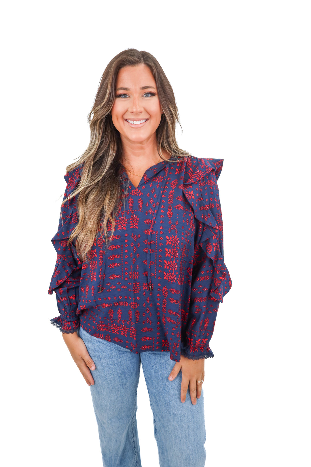 the pioneer women navy and red top (L)