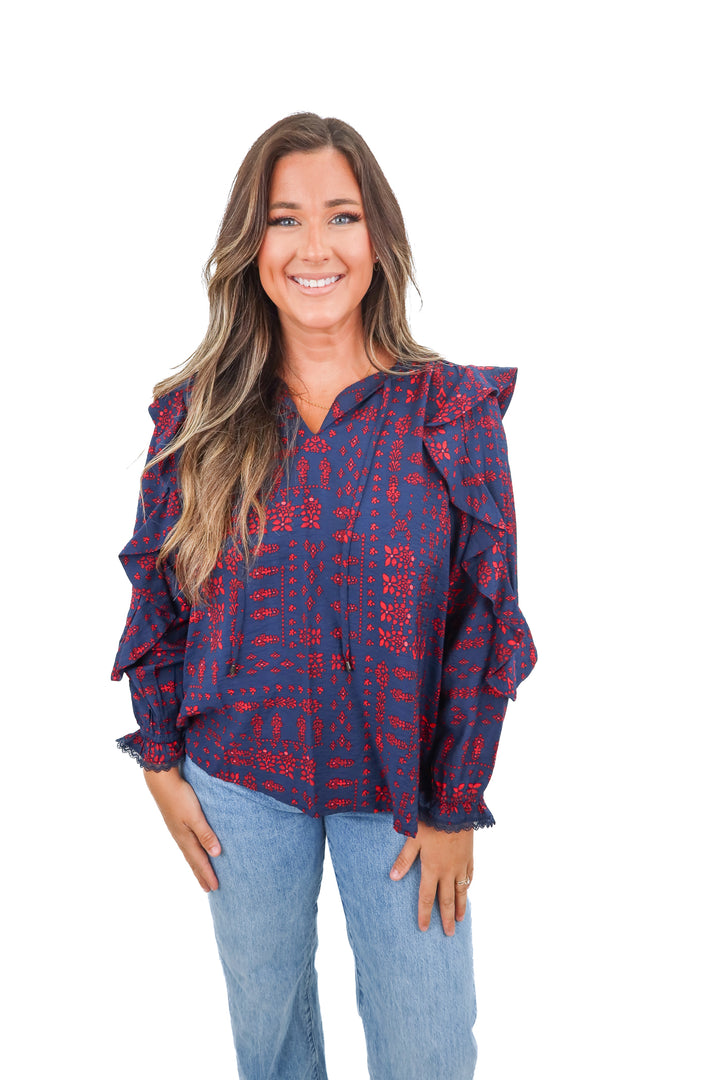 the pioneer women navy and red top (L)