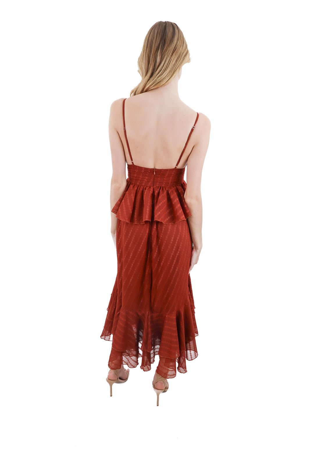 vici rust ruffle maxi dress (s)