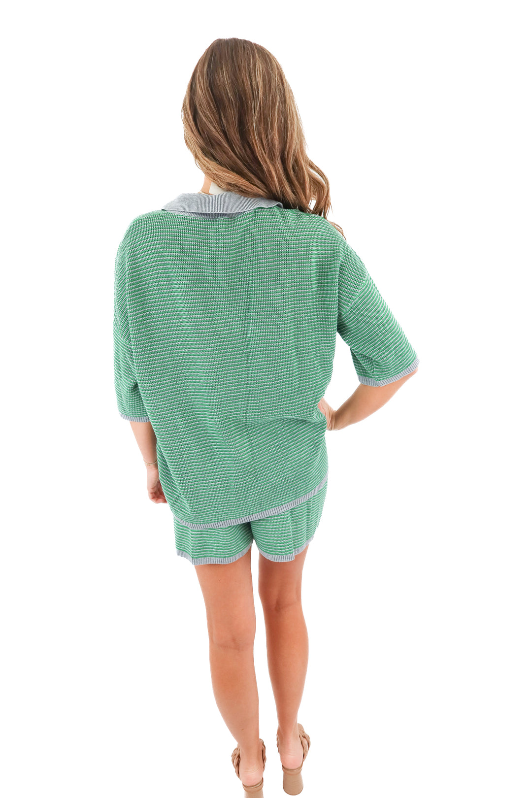 green/grey striped knit set (m)