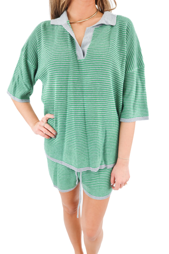 green/grey striped knit set (m)