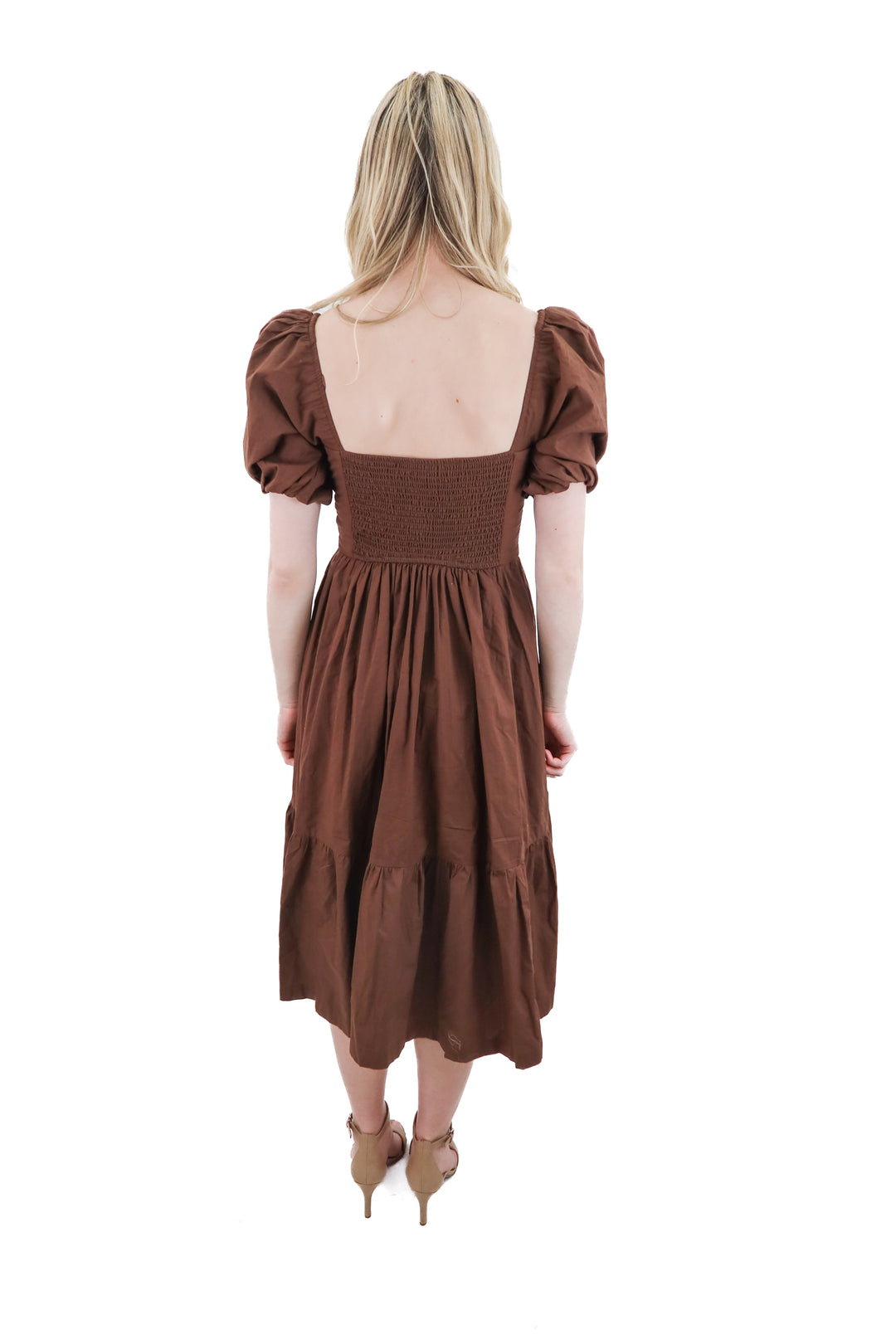 abercrombie & fitch brown puff sleeve midi dress (xs)