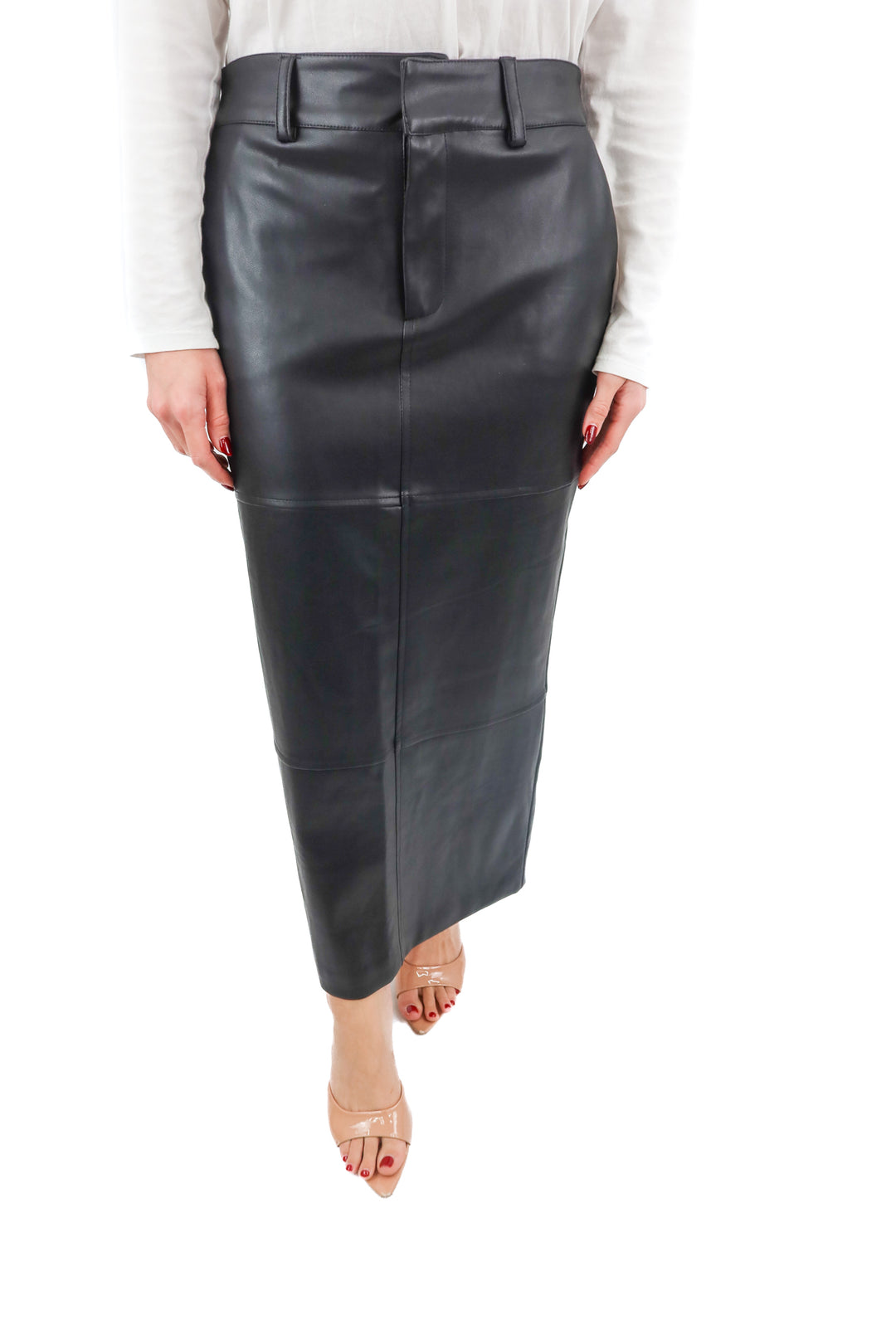 fore black vegan leather midi skirt (m)