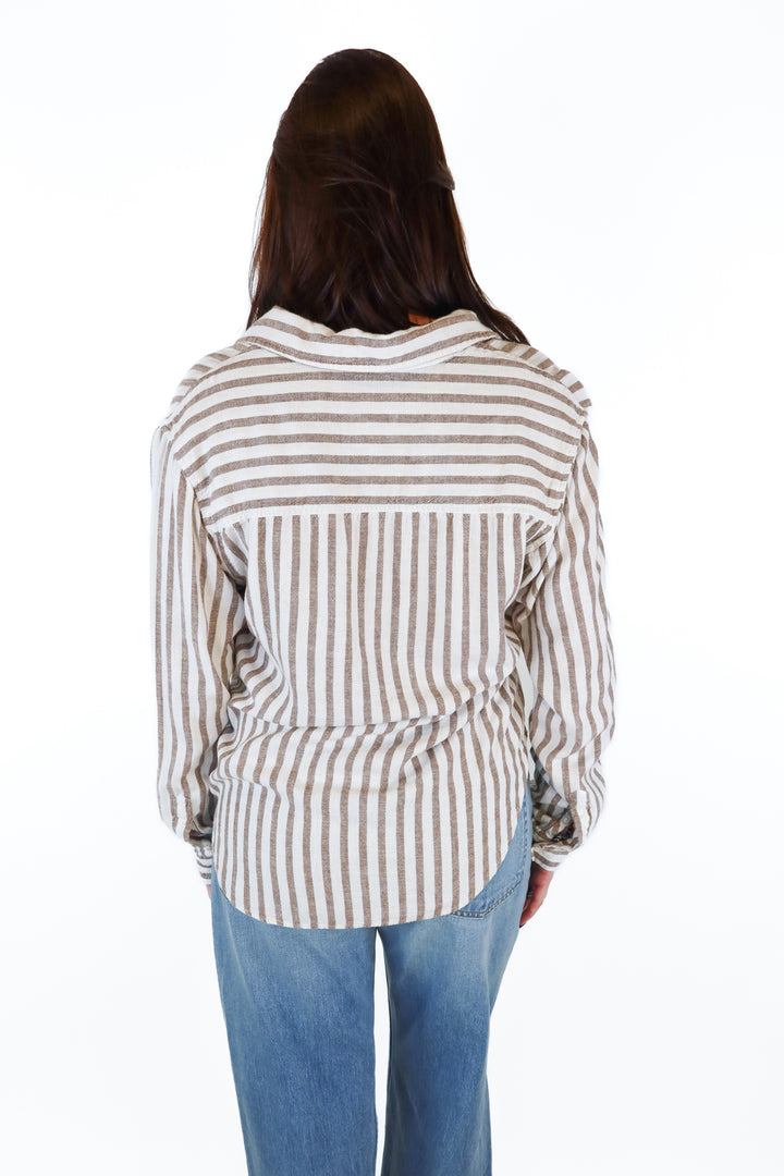 Abercrombie & Fitch Linen Tan and White Striped Button-down Top (M)