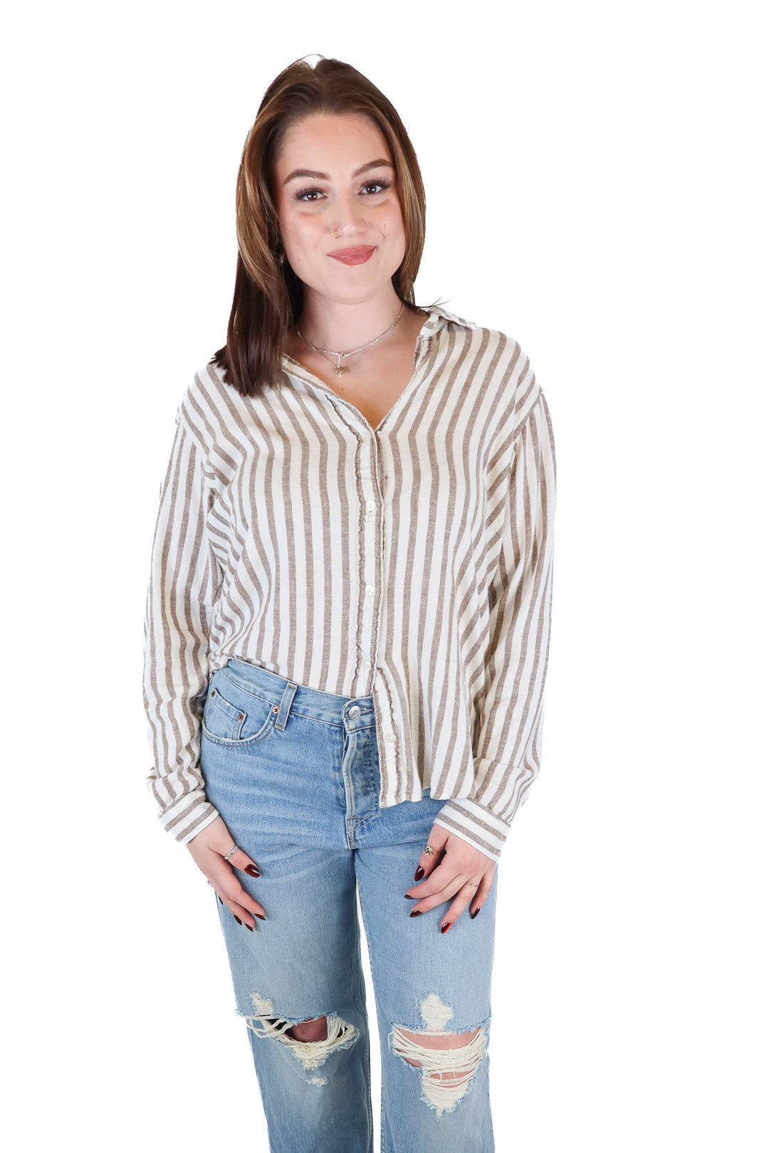 Abercrombie & Fitch Linen Tan and White Striped Button-down Top (M)