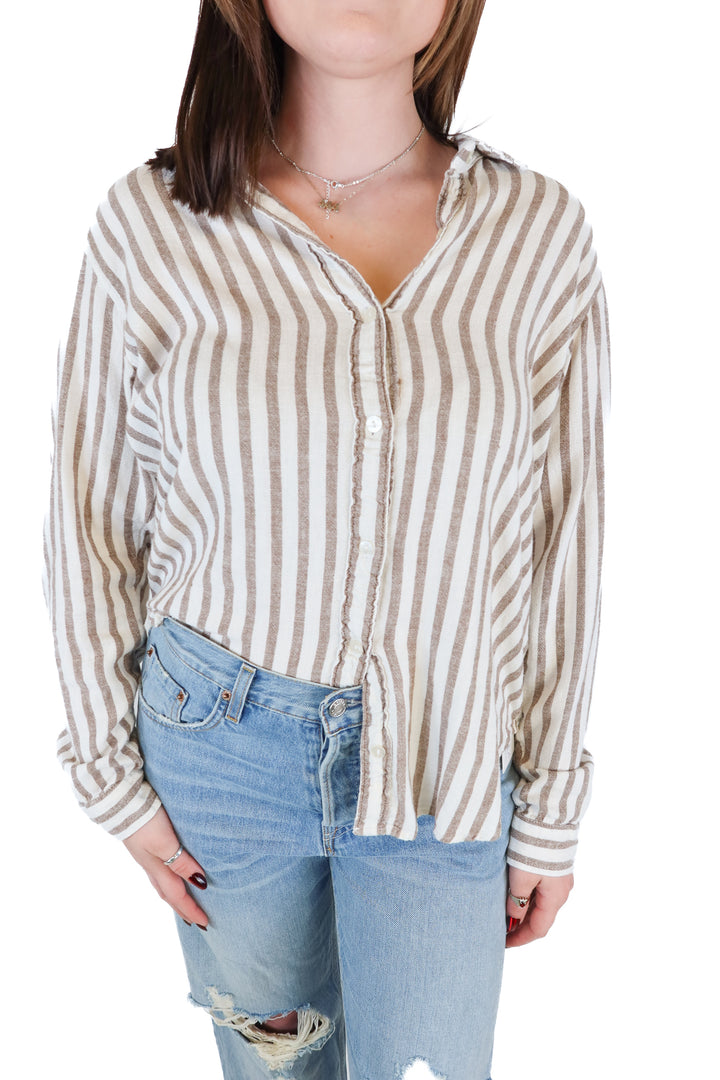 Abercrombie & Fitch Linen Tan and White Striped Button-down Top (M)
