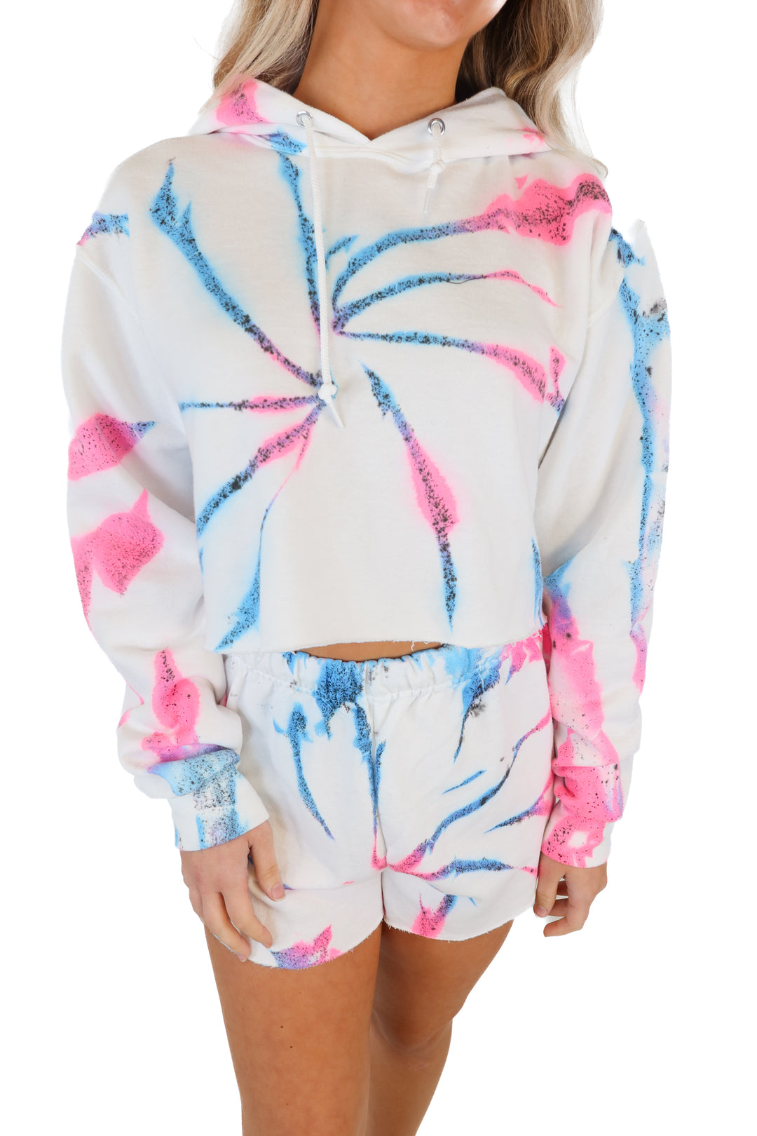 myrrhe white/pink/blue tie dye shorts/hoddie set NWT (s)
